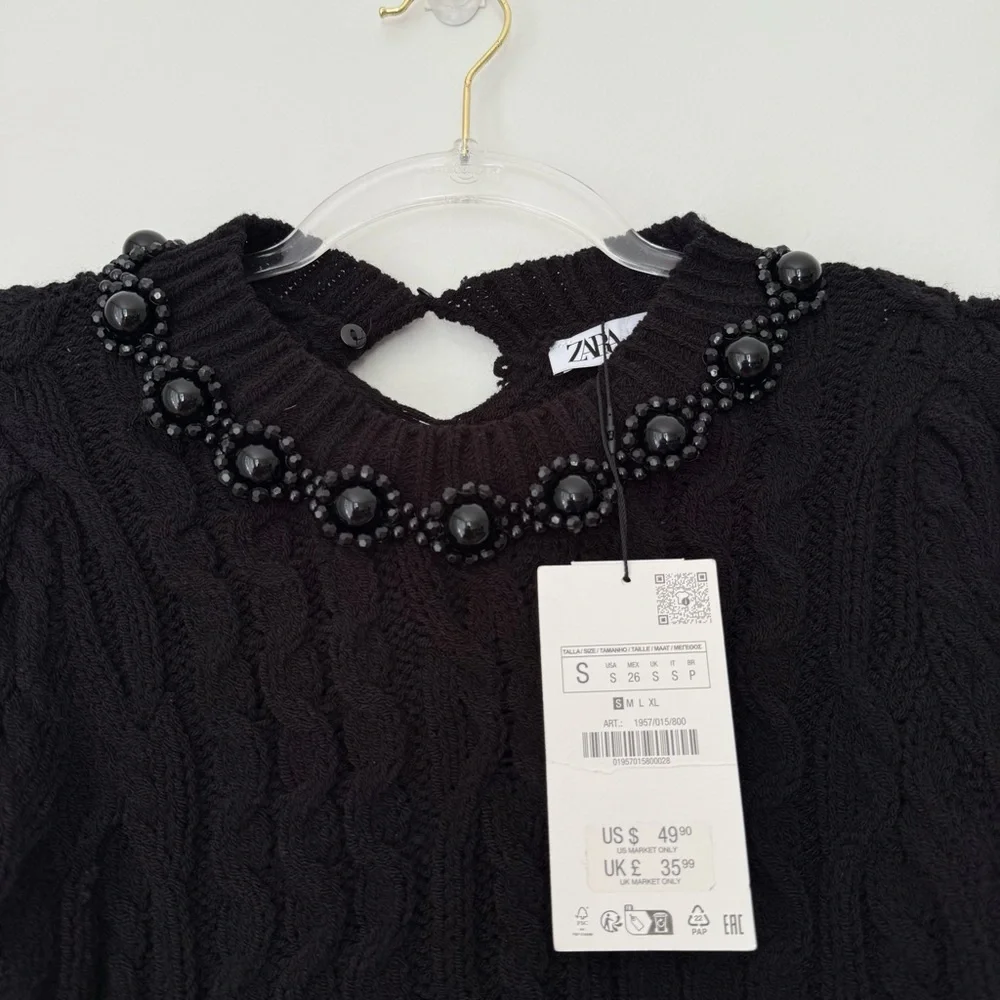 ZARA BEADED CABLE KNIT SWEATER Sz S NWT - Picture 4 of 11